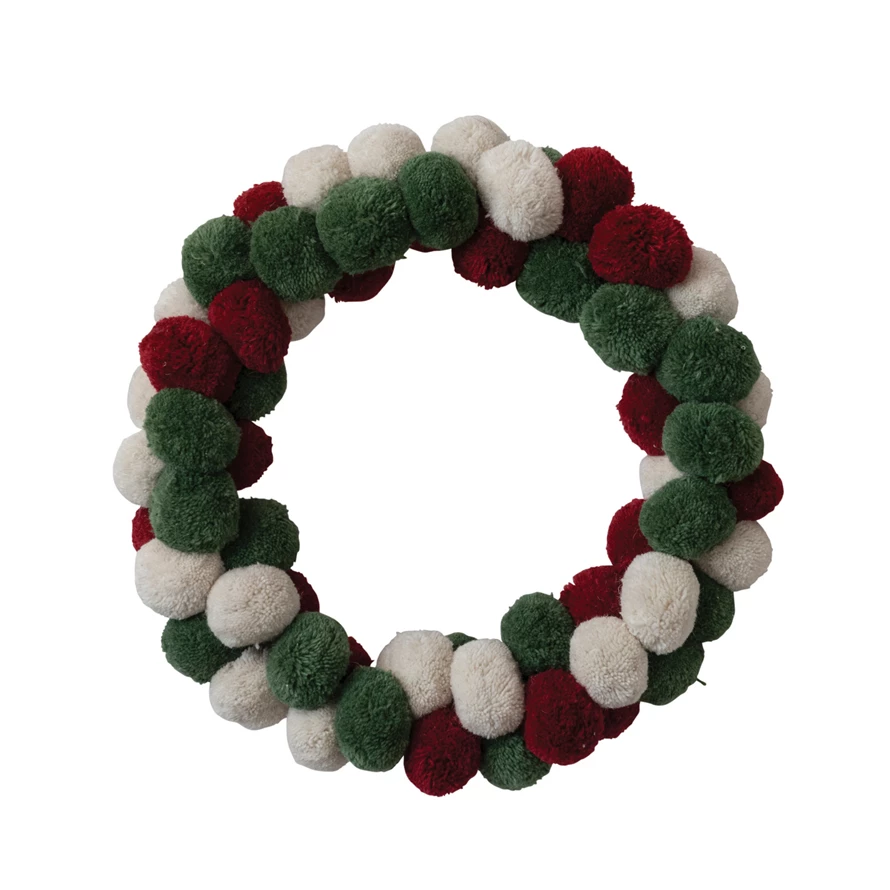 18 Round Wool Pom Pom Wreath, Red, Green & Cream Color